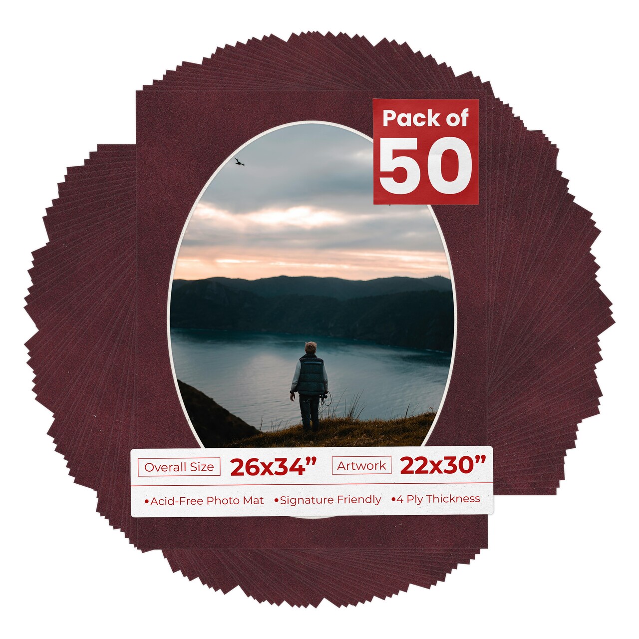 Dark Red Suede Mat Board for 26x34 Frames - Oval Opening for 22x30 Photos